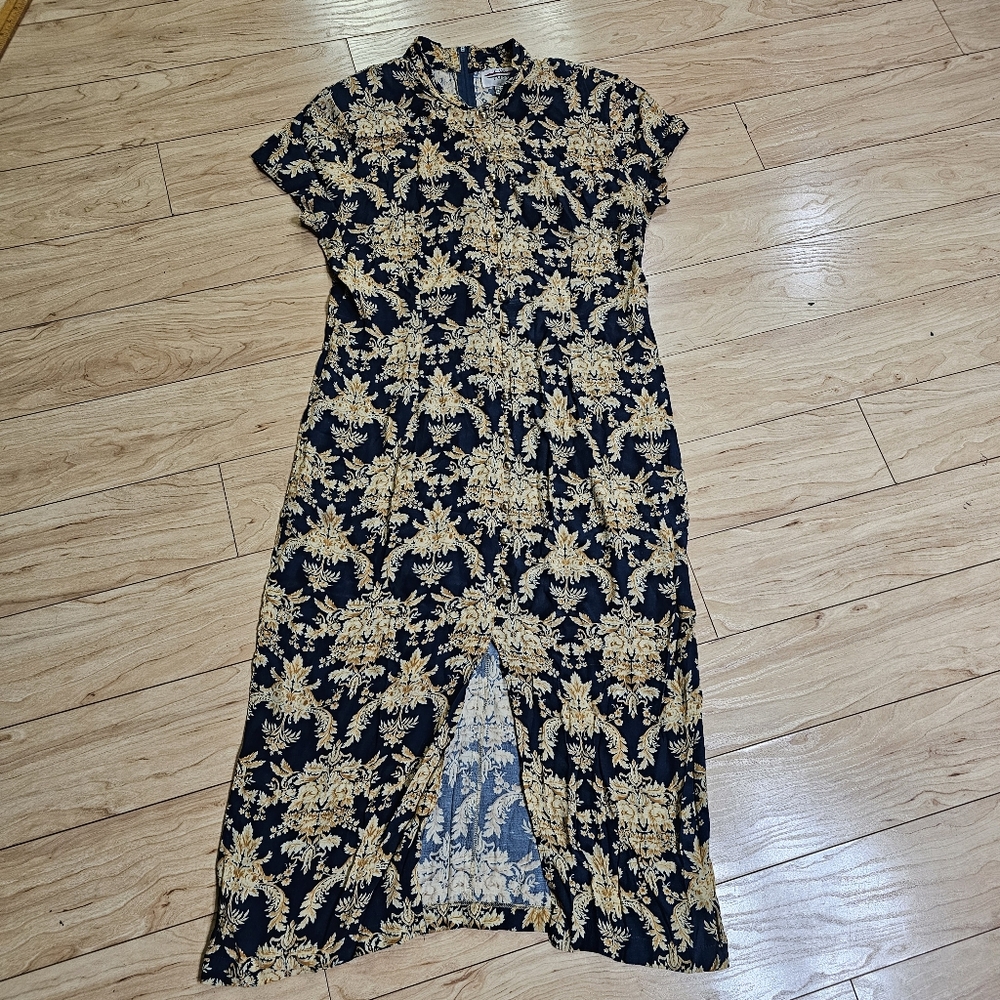 Vintage CW Rose Woman's Midi Maxi Dress Front Split Floral Blue Green Gold Sz 14
